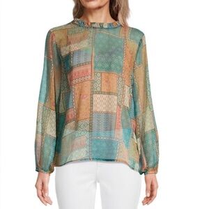 World Market Farrah blue and orange patchwork mixed print top.